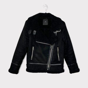 Zara Sherpa Collar Suede Biker Jacket Black Size XS